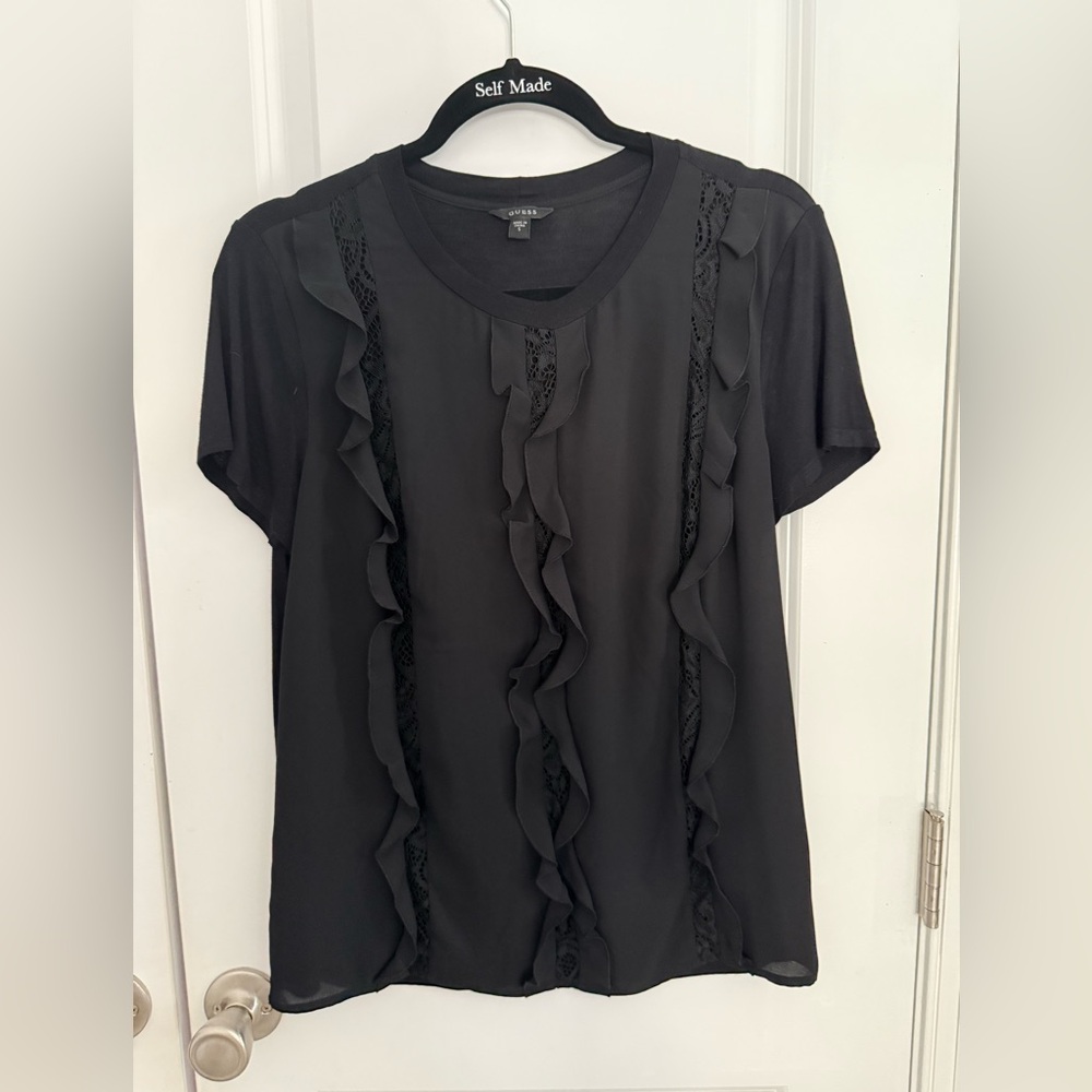 Guess black front lace ruffle short sleeve top womens Small